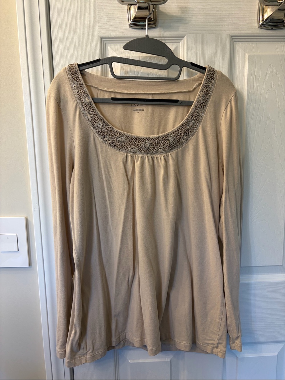 LOFT Beige Scoop Neck Long Sleeve Top with Beaded Trim